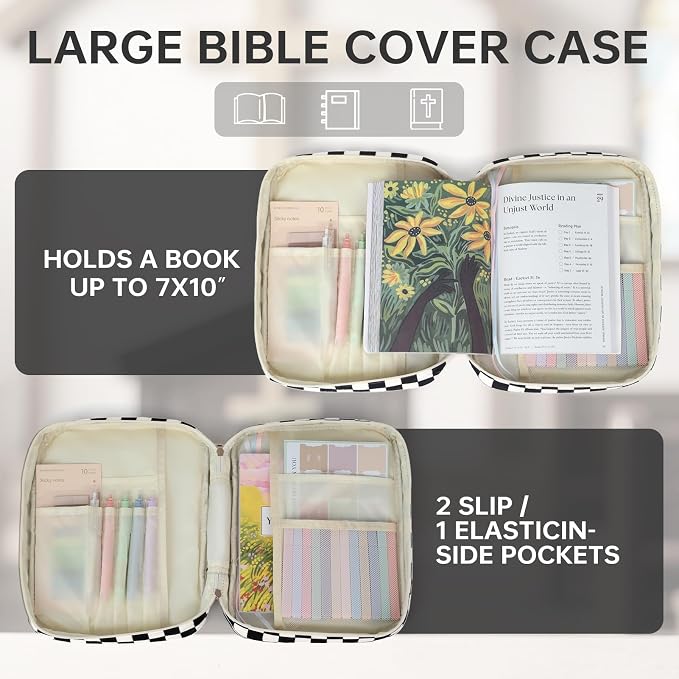 Bible Cover Case for Women Corduroy Bible Case for Girls Checkered Large Bible Cover with Handle Bible Study Supplies Accessories Christian Gifts for Women (Black, Medium)