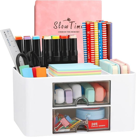 Creative & Simple Desk Organiser, 7 Grids, Plastic Table Organiser with Drawer, Multifunctional Desk Organiser, Pen Holder for School, Office, Home (White)