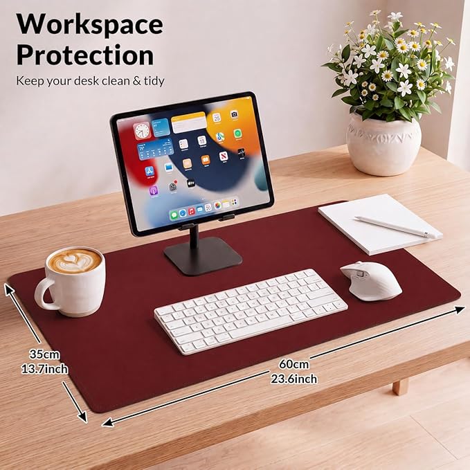 AFIING Leather Desk Pad Protector, 23.6" x 13.7", Red | Large Mouse Pad, Dual-Sided PU Leather & Natural Cork, Non-Slip, Waterproof, For Office and Home