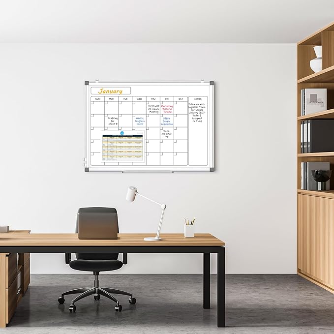 Monthly Calendar Dry Erase Whiteboard for Wall, 24" x 18" Magnetic Calendar White Board, Double-Sided Portable Board for Office, Kitchen, School, Home