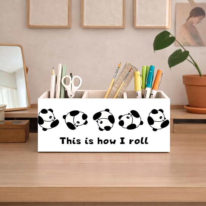 Wooden Desk Organizer with Panda Design, 3 Compartment Pen Pencil Holder, Decorative Office Supply Storage Box for Home, Office, Desk Table, Gift for Friends and Coworkers