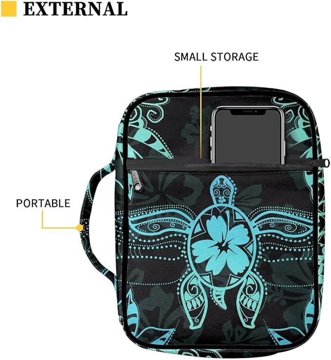 Suobstales Turtle Hibiscus Floral Print Bible Cover Carrying Book Case for Women Men Lightweight Bible Bag Bible Protective with Handle and Zippered Pocket