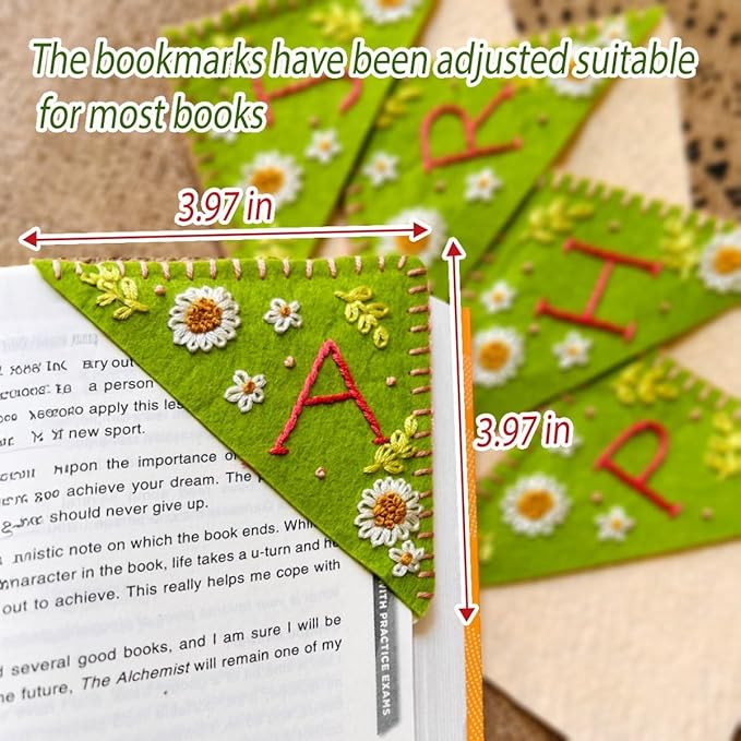 Personalized Hand Embroidered Corner Bookmark, Bookmarks for Women, Personalized Bookmark for Book Lovers, Cute Flower Book Mark by HNQCPCVU (V, Green)