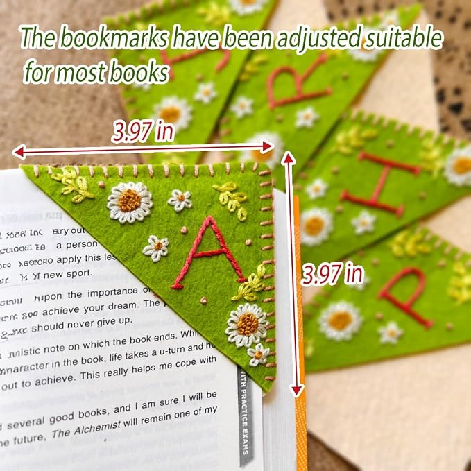 Personalized Hand Embroidered Corner Bookmark, Bookmarks for Women, Personalized Bookmark for Book Lovers, Cute Flower Book Mark by HNQCPCVU (D, Green)