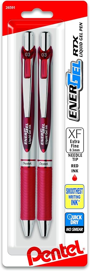 Pentel Gel Ink Pen, EnerGel RTX Retractable Gel Pen, (0.3mm) Needle Tip, Extra Fine Point, Red Ink, 2 Pk (BLN73BP2B)