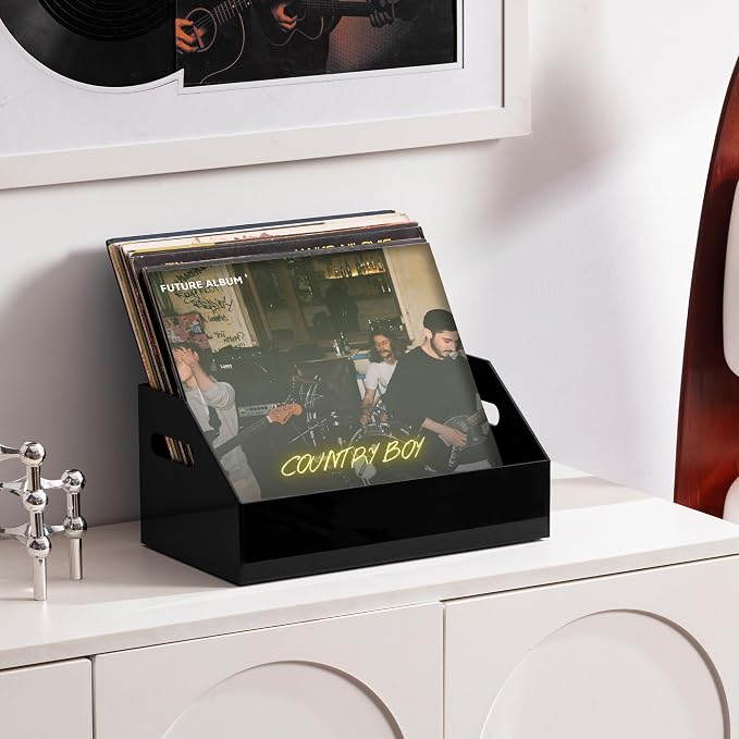eletecpro No Assembly Acrylic Vinyl Record Storage with Handle, Holds up to 40 LPs, Multifunctional Record Holder Crate for Storing Album Covers, Modern Desk Organizer for Home, Black Vinyl Display