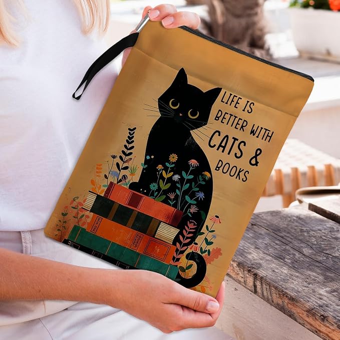 Cat Book Sleeve,Book Covers for Paperbacks,Book Sleeves with Zipper, Book Pouch Cat Lover Gifts,Cat Themed Gifts for Women Graduation Birthday (Black Cat 03, Large)