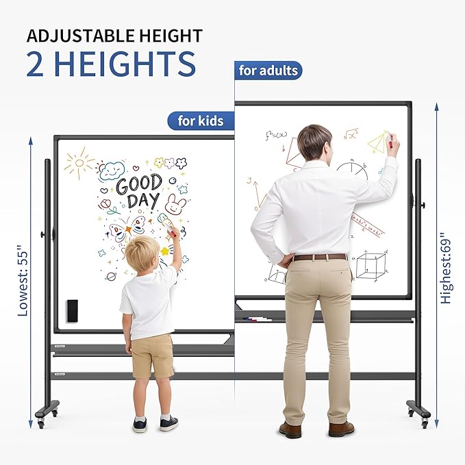 40" x 28" Double-Sided Mobile Whiteboard with Wheels | Rolling Magnetic Dry Erase Board on Stand | Adjustable Height Black Frame White Board for Office, Classroom & Home