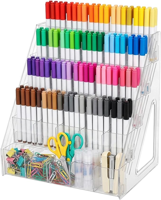 YEXEXINM 5 Tier Acrylic Desk Organizer with 25 Compartments Clear Pen Holder for Pens Pencils Markers and Art Supplies Large Capacity Desk Storage Rack for Home Classroom Office and Art Studio