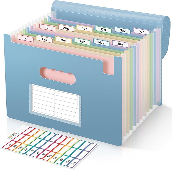 SKYDUE Expanding File Folder with 13 Pockets, Accordion Document Organizer with Monthly Labels, A4 & Letter Size for Tax Records, Medical Files, Receipts, Home of Haze Blue
