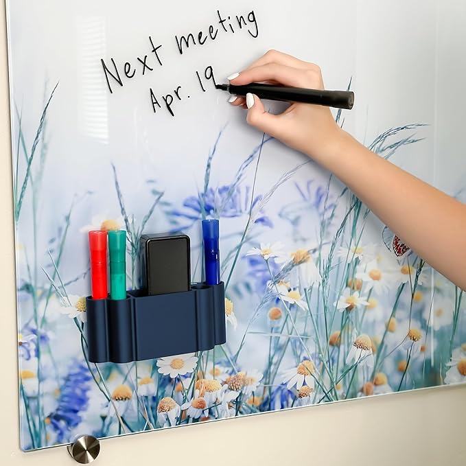Glassboard Studio Magnetic Dry Erase Marker Holder - Super Strong for Magnetic Glass Whiteboard or Fridge - 2 Large Neodymium Magnets - No Slip Grip - Eco-Friendly PLA Plastic (Navy Blue, KIT)