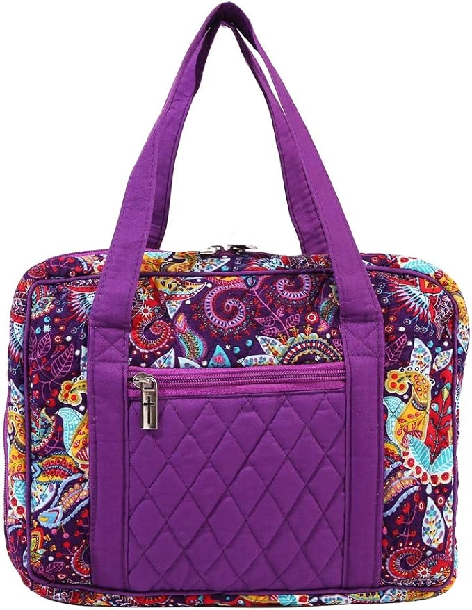 DIWI Quilted Bible Cover Large Sizes 10 X 7 X 2.75 Inches Bible Tote Good Book Case (L, C2 Purple Garden)