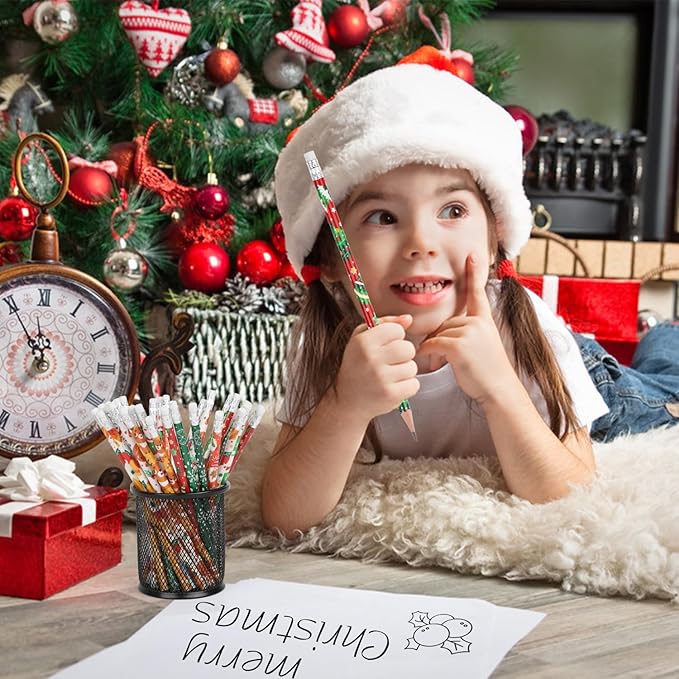 SULOLI Christmas Pencils with Eraser, 32pcs Xmas Themed Pencil with Santa Claus, Elk, Christmas Tree and Snowflake for Kids Christmas Party Supplies(8 Styles)