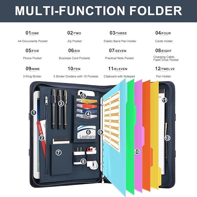 Leathario Portfolio Binder, Includes 5 Folder Index Dividers, 13 Inch Tablets Organizer with Handle, Vegan Leather A4 Padfolio, Multi-Pocket Notepad Business Planner Professional Document