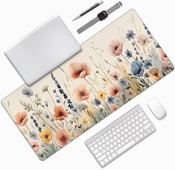 35.4" x 15.7" Watercolor Wildflower Extended Mouse Pad, Floral Botanical Desk Mat with Non-Slip Base, Water Resistant for Gaming & Office