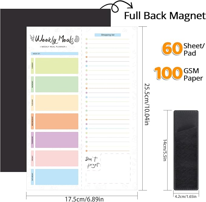 60 Sheets Meal Planner for fridge with Pen Holder, 7x10'' Magnetic Meal Planner and Grocery List Undated Weekly Meal Planners with Tear off Shopping List and Convenient Shopping