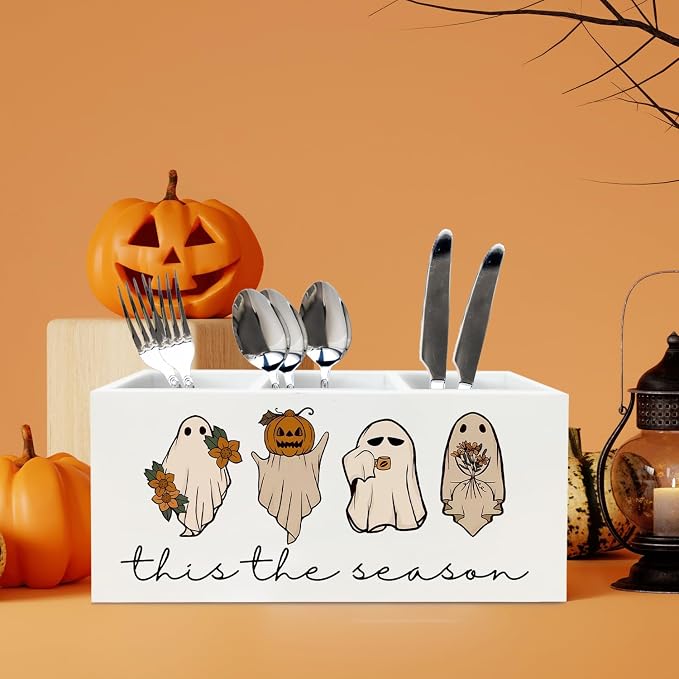 Funny Ghost Halloween Pen Holder for Desk, Spooky Pumpkin Wooden Box Sign Desk Decor for Home Office Decoration, Cute Ghost Pencil Organizer, Fall Halloween Decor