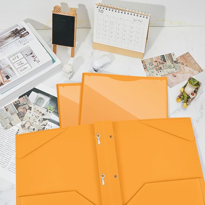 Henoyso 18 Pcs Plastic Folder with Clear Front Pocket and 3 Prong Plastic Folders with Card Slot Pocket Folders with Prongs for School Office (Orange)