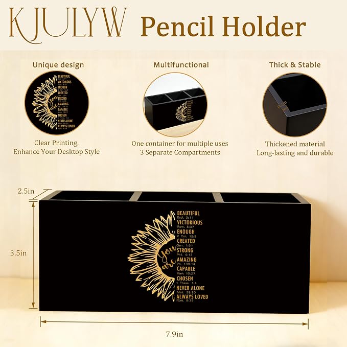 Christian Sunflower Pen Holder for Desk, Christian Gifts for Women, Inspirational Bible Verse Wooden Box Pencil Pen Holder Organizer for Home Office Desk Accessories