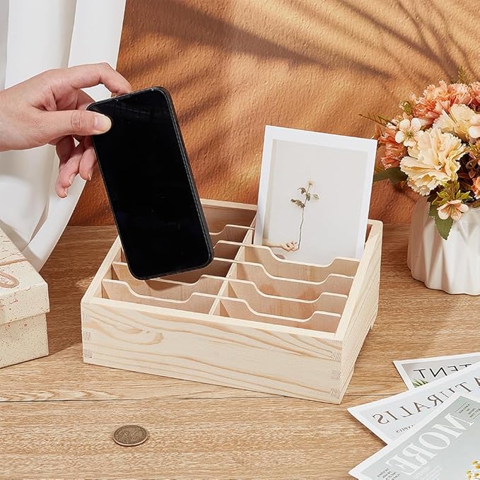 BENECREAT 12-Grid Wooden Cell Phone Holder, Multifunctional Mobile Phone Organiser, Desktop Organiser for Classroom Office Desktop Storage, Antique White