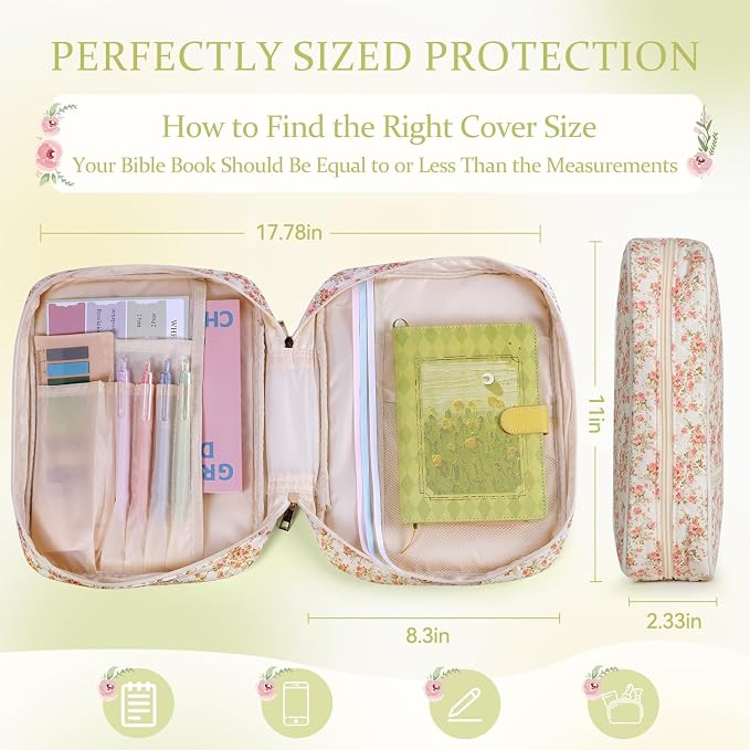 Bible Cover Case for Women Large Quilted Bible Carrying Bag with Handles Bible Study Supplies & Accessories Christian Gifts for Women(Siamese Rose, M)