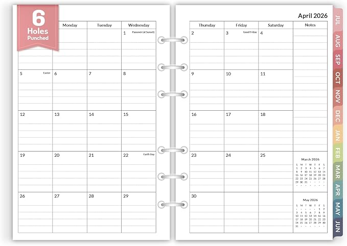 Forvencer 2026 Monthly Planner Refills, Apr 2026 - Dec 2027, 6-Hole Punched Planner Inserts with Colorful Monthly Tabs, Calendar Organizers for A5 6-Ring Binders, 5-3/4" x 8-1/4"