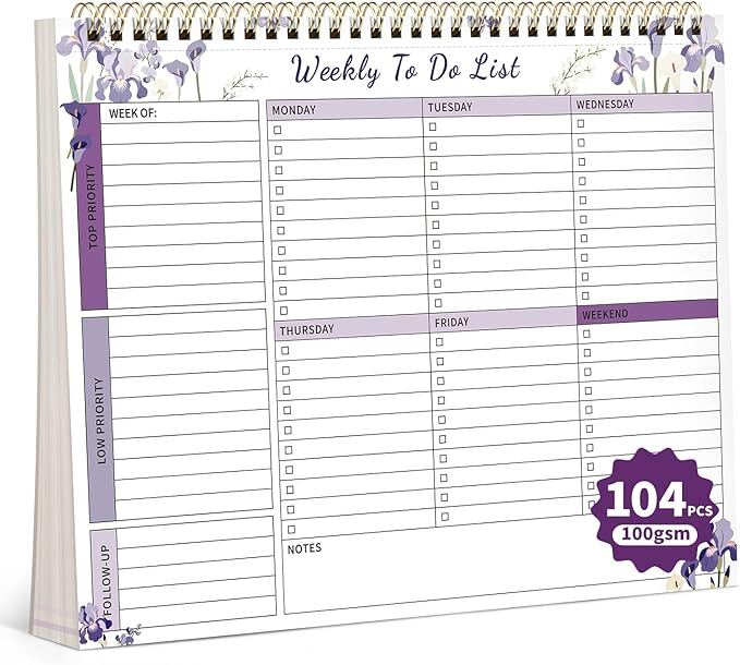 104 Pgs Weekly To Do List Notepad, 52 Duplex-Printed Undated Sheets 100 GSM（8.5"×11") Weekly Desk Planner For Work Home School Office Desk Accessories Supplies & Goal Setting Tasks - Purple Iris
