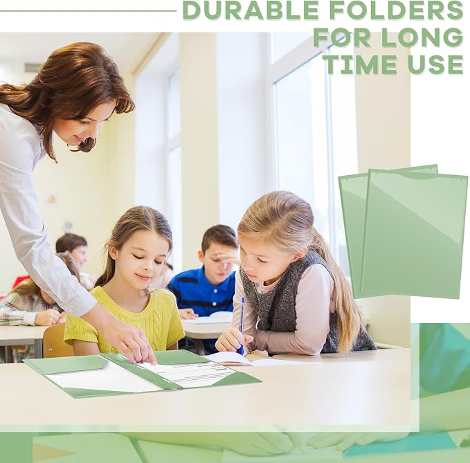 Henoyso 36 Pcs Plastic Folder with Clear Front Pocket and 3 Prong Plastic Folders with Card Slot Pocket Folders with Prongs for School Office (Sage Green)