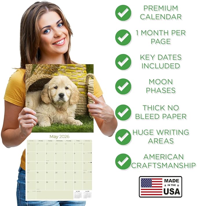Golden Retriever Puppies Calendar 2026 – 16-Month Dog Breed Wall Calendar by MegaCalendars – Large Daily Blocks, Thick No-Bleed Paper, Made in USA