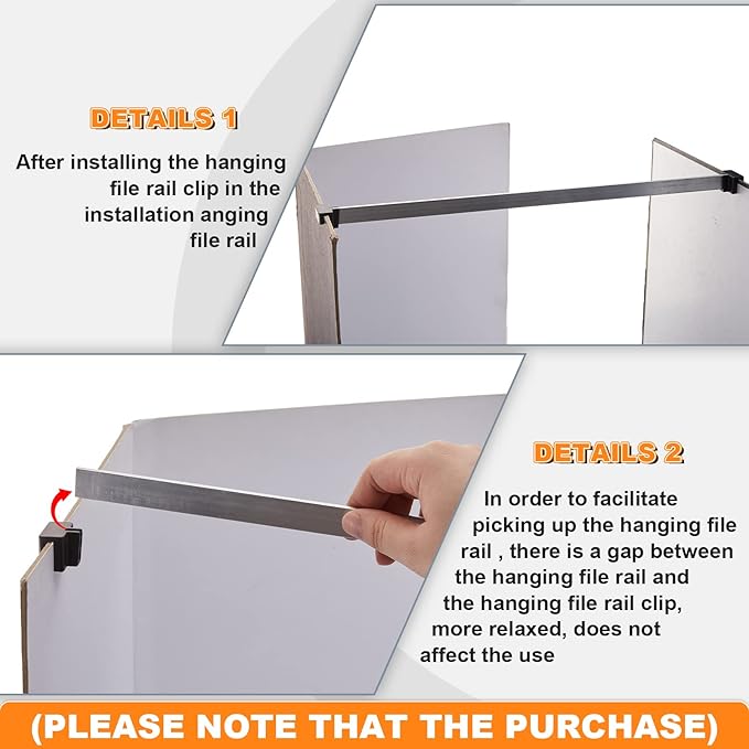 Epakh 3 Pcs Metal File Cabinet Rails Set Include 1 Cabinet Divider Rails 2 Hanging File Rail Clips for Hanging Folder Frame Bars Office Storage, Drawer Thickness Less Than 1/8 Inch(Aluminum)