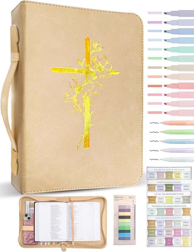 Bible Cover Case for Women, Large Bible Bag with PU Leather Hot Foil Stamping Cross Design, Journaling Kit, Bible Study Supplies Accessories, Christian Gifts for Girls & Women (Beige)