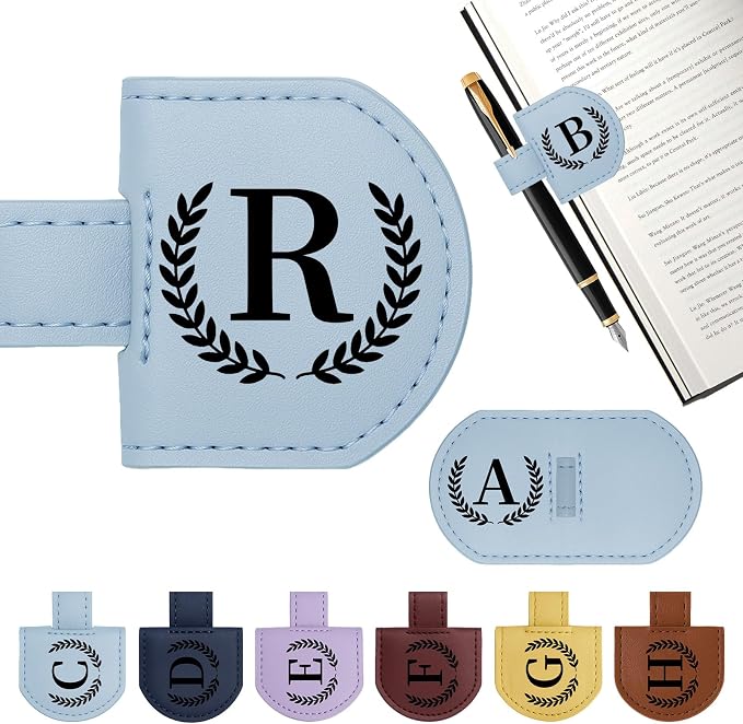Personalized Magnetic Bookmark Pen Holder, Leather Book Marks for Reading Women& Men, Engraving 26 Letters Name Initial Bookmarks with Pencil Pen Holder, Gift for Book Lovers, Readers (Light Blue, R)