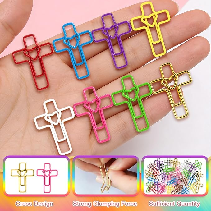 100 PCS Heart Cross Paper Clips for Bible Study Supplies,Christian Gifts,Jesus Bible Stuff Bookmark journaling Supplies Accessories, Easter Eggs fillers, Teacher Gifts (Multicolors)