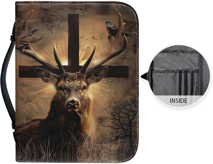 Bible Cover & Case for Men Boys/Book Carrying Case with Pen Slot-Church Bag for boy,Deer and Cross,Large