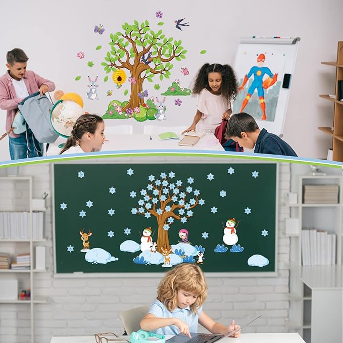 Teling 239 Pcs Season Tree Classroom Bulletin Board Decor Spring Summer Autumn Winter Cutouts Border Set Four Seasons Bulletin Board Decorations with 200 Dots for Elementary School Home Chalkboard
