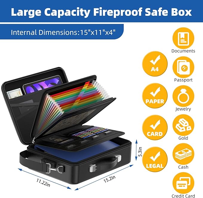 Fireproof Document Box with Lock, Durable Hard Case File Organizer Fire Safe Box, Hard-Shell Design Waterproof Fireproof Safe Important Document Organizer (Blue with Shoulder Strap)