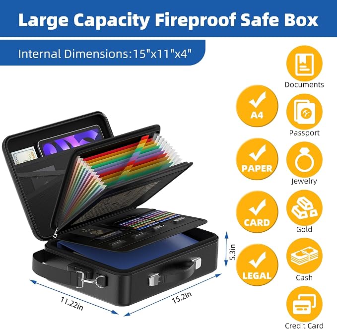 Fireproof Document Box with Lock, Durable Hard Case File Organizer Fire Safe Box, Hard-Shell Design Waterproof Fireproof Safe Important Document Organizer (Black with Shoulder Strap)