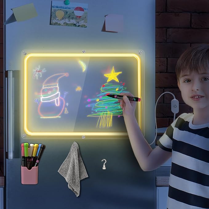 Acrylic Magnetic White Board for Fridge with Neon Light,16"x12" Clear Fridge Memo Dry Erase Magnetic Whiteboard Planner Set for Refrigerator,Glass,Wood Wall,Office with 6 Colors Markers