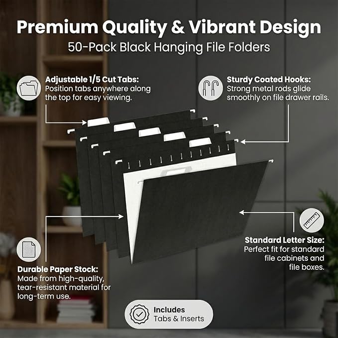 VZCPYTPM 50 Pack Hanging File Folders,Letter Size 8.5x11 Inch,Black Hanging Folders for Filing Cabinet,Reinforced Rods for Smooth Gliding,1/5 Adjustable Tabs & Inserts,Ideal for Home,Office & School
