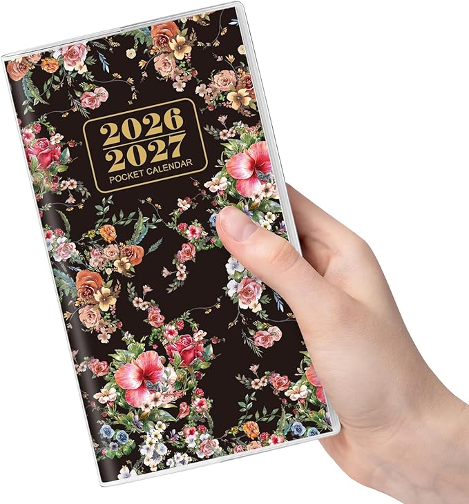 Phyxin Pocket Calendar 2026-2027, Small Calendar 2026 - Runs From Jan 2026 to Dec 2027, Pocket Planner-3.7" x 6.7" with PVC Cover, Pocket Calendar for School, Home and Office Supplies, Black Flowers