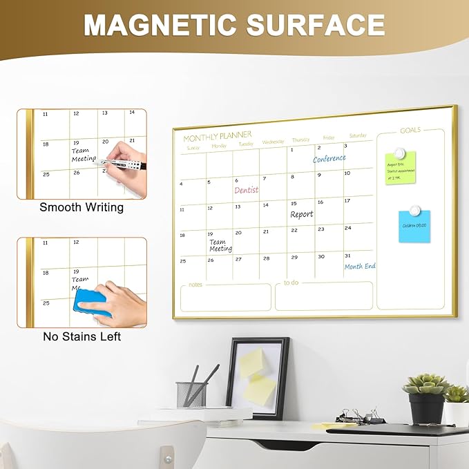Large Dry Erase Calendar Whiteboard for Wall, 36'' x 24'' Monthly White Board Planner with Gold Frame, Magetic Hanging Wipe Board for Home Office School Dorm