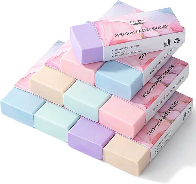 Mr. Pen- Pencil Eraser, 10 Pack, Pastel Colors, Large Latex Free Vinyl Block Erasers for School, Office, Art Sketching, Homework, Exams, Clean Smudge-Free Correction