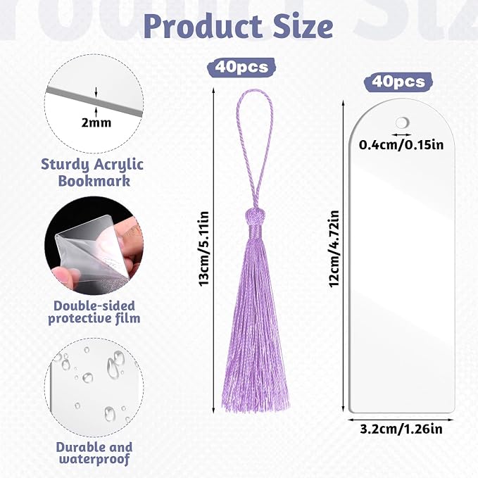 80 PCS 2MM Clear Acrylic Bookmark Blanks, 6" x 2" Extra Thick Semicircle Clear Bookmark Plastic Blank with 40 pcs Colorful Tassels Transparent Rectangle Round Bookmarks for DIY Crafting Projects