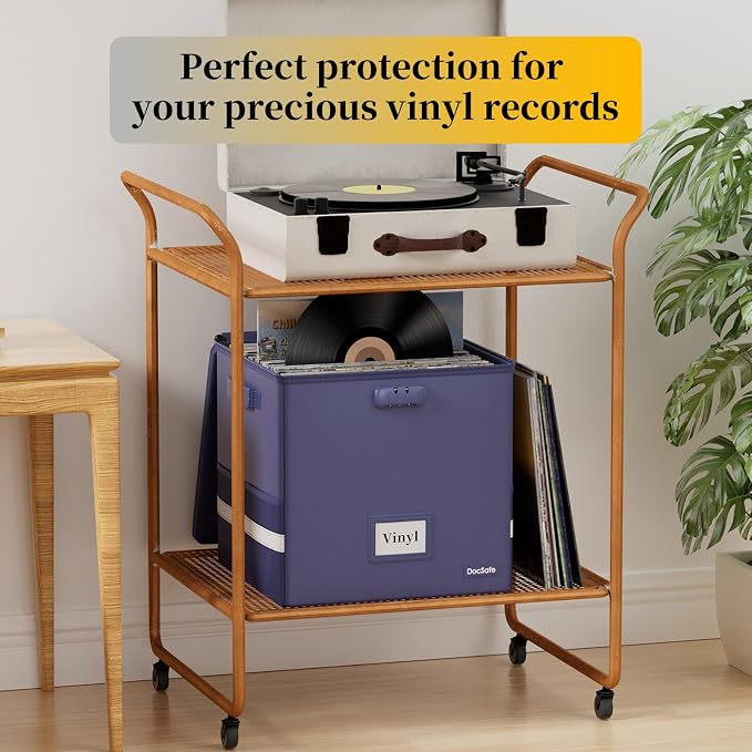 DocSafe Vinyl Record Storage Box with Lock,Fireproof Record Organizer Storage for 100+ Single Records(12-inch), Collapsible Storage Crate with Lid & Handles for Valuable Album Collection,Blue,2 Pack