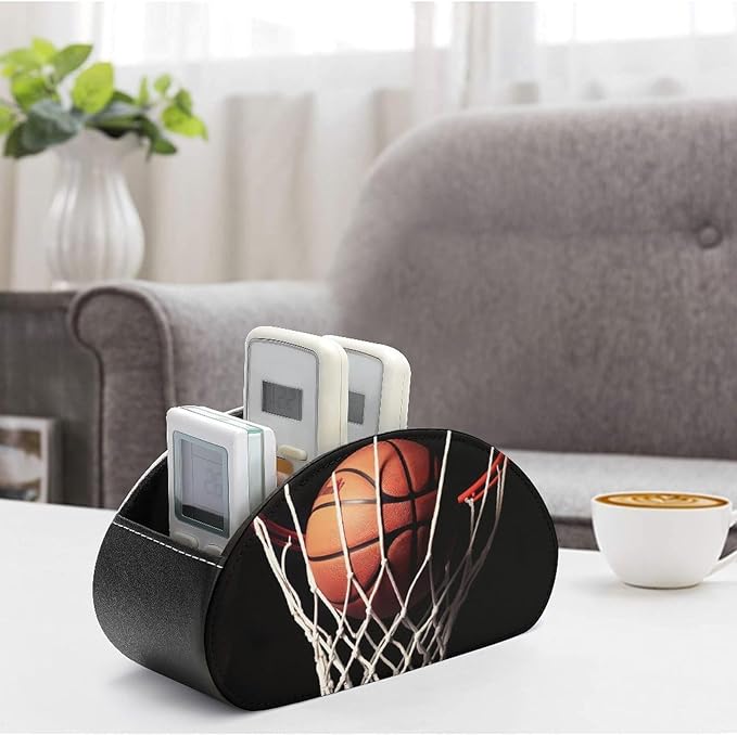 PU Leather Basketball Remote Control Holder Caddy with 5 Compartments Nightstand TV Remote Caddy Small Desktop Organizer Storage for Remotes Makeup Office Supplies
