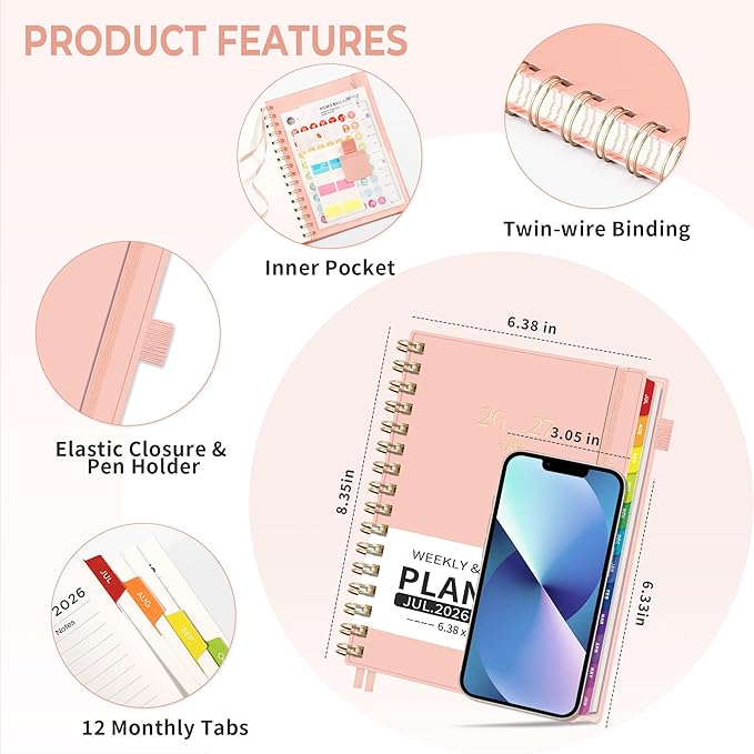 EMSHOI Academic Planner 2026-2027, Weekly and Monthly Calendar (July 2026 - June 2027), School Student Teacher Agenda Book, 100GSM Paper, PVC Cover, Colorful Tabs, A5 (6.38" x 8.35"), Pink