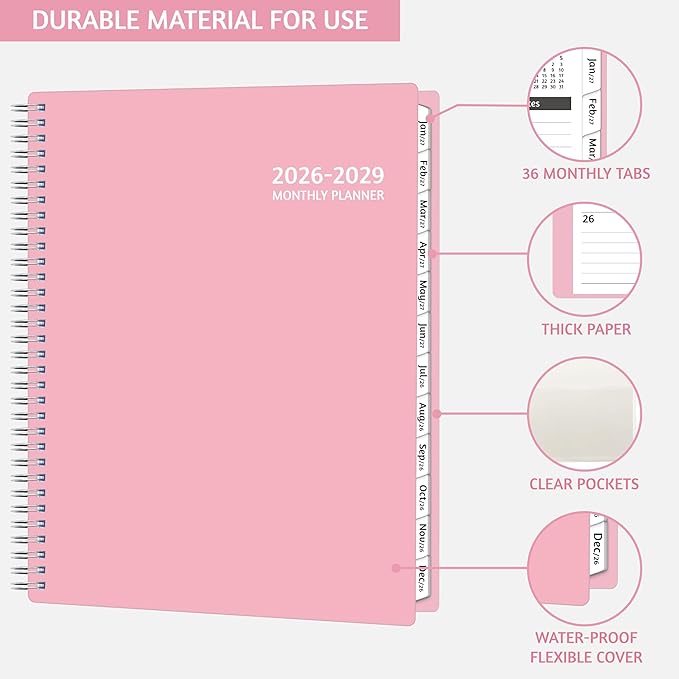 Monthly Planner 2026-2029, 36 Months Calendar Planner 2026-2029 from Jul 2026 – Jun 2029, 8.5'' x 11'' with Ruled Spread, Flexible Cover, Spiral Wirebound, Pocket, Coated Tabs, Notes ＆ Habit Tracker