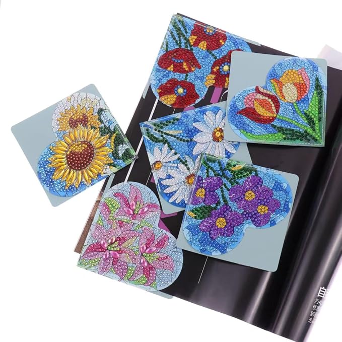 VI-FA 6 Pcs Diamond Painting Bookmark Kit, DIY Corner Book Marks for Adults Kids, Diamond Dot Art Craft Kits for Beginners, Birthday Gifts for Book Lovers Women Girls(Heart Flower)