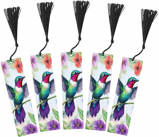 Cute Hummingbird Bookmarks Set 5 with Tassels Watercolor Flower Bird Wooden Bookmarks for Reading Women Men Students Teachers School Supplies
