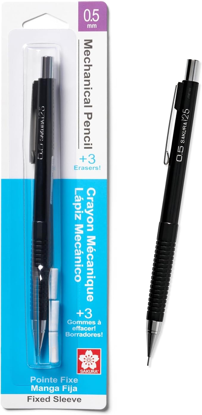 SAKURA 50297 Mechanical Pencil Fixed Sleeve 0.5-mm with 3 Erasers, Black